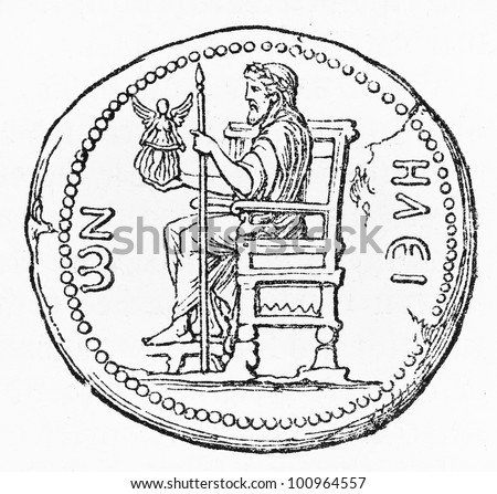 Ancient coin of Roman Emperor Hadrian, representing the statue of Zeus at Olympia - Picture from Meyers Lexicon books collection (written in German language) published in 1908, Germany.