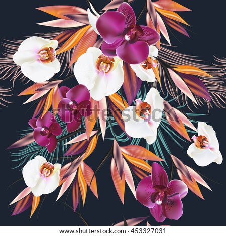 Beautiful vector pattern with tropical plants orchids and palm leafs. Ideal for fabric prints patterns
