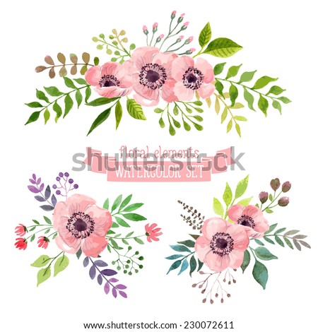 Vector flowers set. Colorful floral collection with leaves and flowers, drawing watercolor. Spring or summer design for invitation, wedding or greeting cards