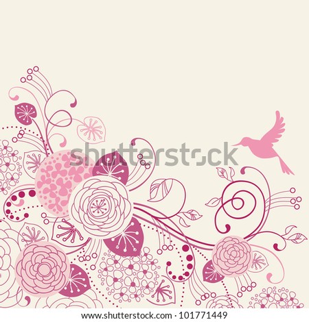Vector floral background with flowers, leaves, bird and branches of blooming tree. Stylized garden in tints of pink. Light abstract illustration with text box
