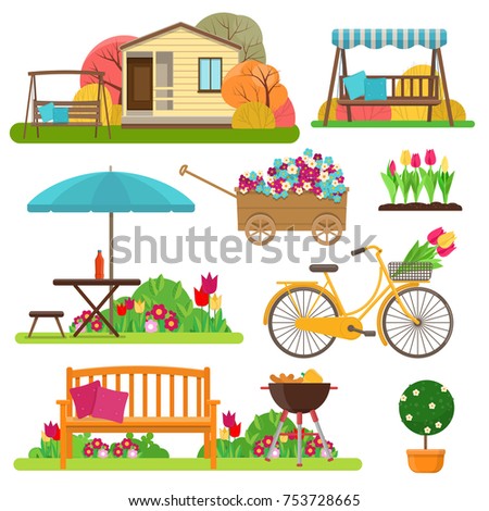 Gardening Set Vector Illustrations Rural Landscape Stock Vector ...