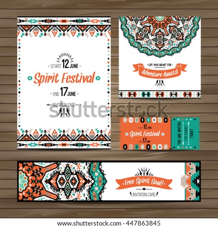 Set of geometric boho colorful flyers. Vector decorative ethnic greeting card or invitation design background