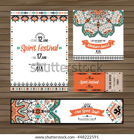 Set of geometric boho colorful flyers. Vector decorative ethnic greeting card or invitation design background