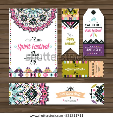 Set of geometric boho bright flyers. Vector decorative ethnic greeting card or invitation design background