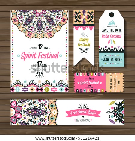 Set of geometric boho colorful flyers. Vector decorative ethnic greeting card or invitation design background
