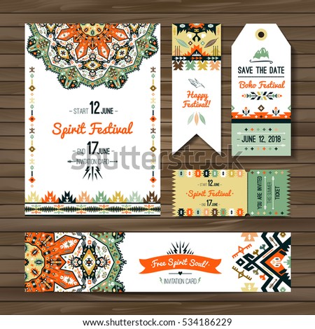 Collection of banners, flyers or invitations with geometric elements. Flyer design in bohemian style