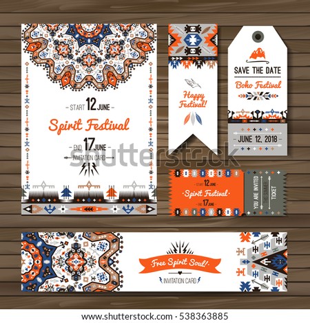 Collection of banners, flyers or invitations with geometric elements. Flyer design in bohemian style