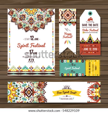 Collection of banners, flyers or invitations with geometric elements. Flyer design in bohemian style