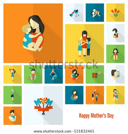 Happy Mothers Day Simple Flat Icons. Vector, Clean Work, Minimum Points