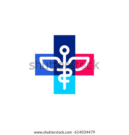 Caduceus in cross plus. Medicine and health care vector logo mark template or icon