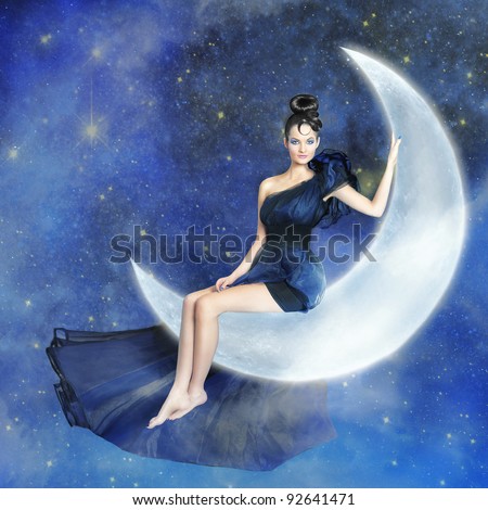 Young woman sitting on the shining moon with blue sky with stars on the ...