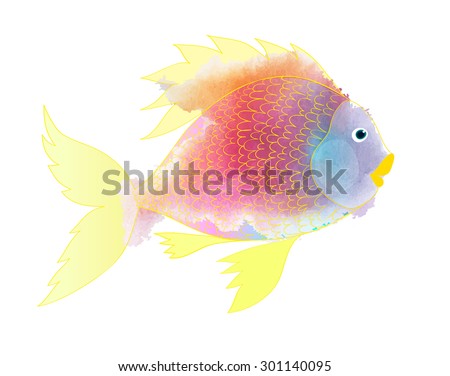 Vector illustration of colorful fish. Watercolor splatters