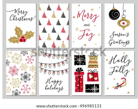 Christmas greeting card set. Gold, black, red, white colors. Gift tags with gold glitter texture. Snowflakes and Christmas tree patterns.