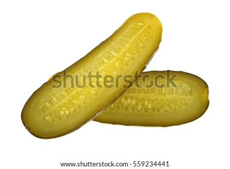 One pickled cucumber cut in half on white background