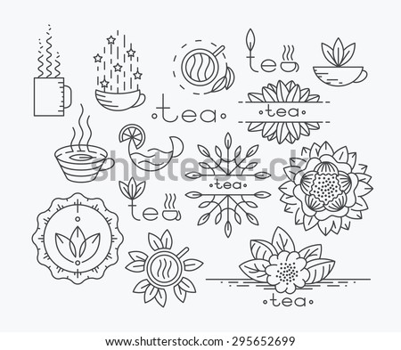 Tea mono line elements for menu, package, design. Vector contour flat logo, emblems. Herbal and floral decorations.