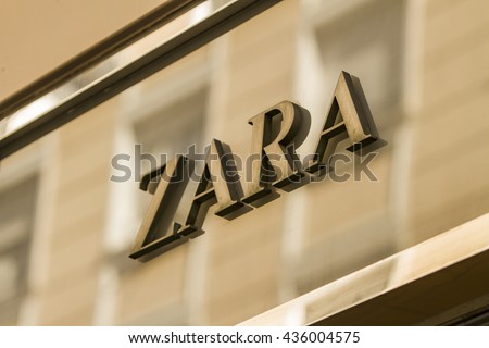 MADRID, SPAIN - MARCH 17, 2016: Zara sign in Madrid. Zara is Spanish clothing and accessories retailer.