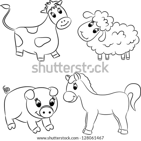 Vector Set Outlined Cartoon Animals Stock Vector 128061467 - Shutterstock