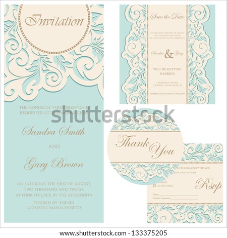 Set of wedding cards (invitation, thank you card, save the date card, RSVP card)