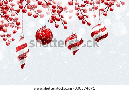 Christmas decoration with snow and bokeh effect. Vector illustration