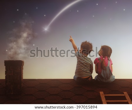 Two Cute Children Sit On Roof Stock Photo (Edit Now) 397015894