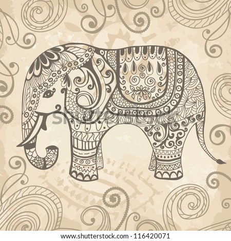 Stylized fantasy patterned elephant. Hand drawn vector illustration. Can be used separately from backdrop