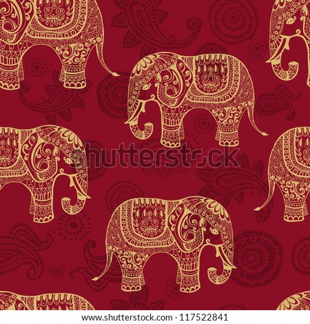 Clear seamless texture with stylized patterned elephants in Indian style. Vector endless background