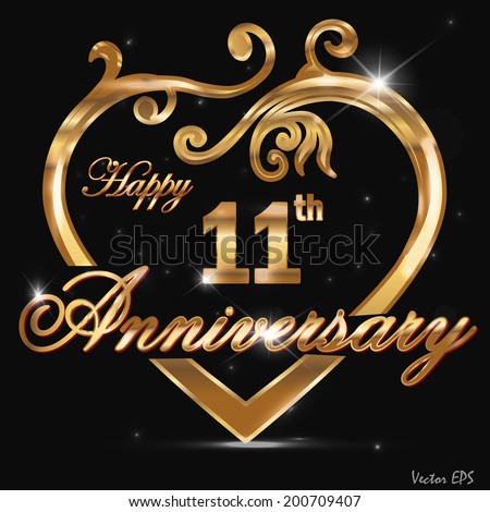  11  Year  Anniversary  Golden Heart 11 Th  Stock Vector 