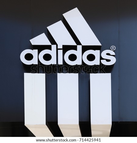 LARNACA, CYPRUS - SEPTEMBER 5 2017: Adidas logo on store in Larnaca city centre