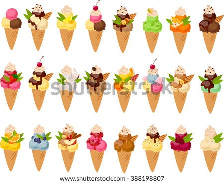 Vector Illustration Various Ice Cream Cones Stock Vector 388198807