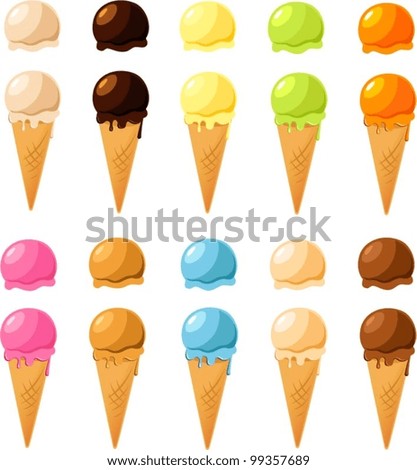 Vector illustration of various ice cream cones plus additional scoops