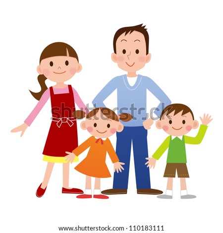 Portrait of four member family posing together smiling happy