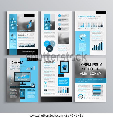 Classic brochure template design with blue shapes. Cover layout and infographics