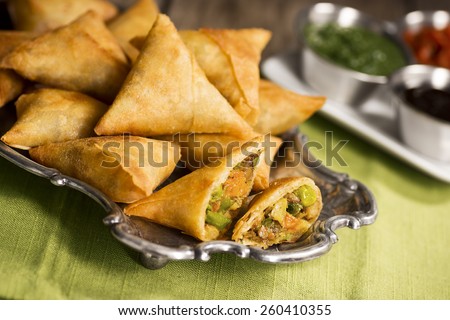 Vegetarian Samosas with Dipping Sauces - stock photo