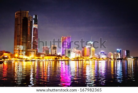 Panoramic cityscape of Ho Chi Minh city or Saigon at night, Vietnam.