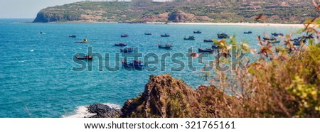 Phu Yen, Vietnam, Fishers on boats in the sea near Ganh Da Dia.