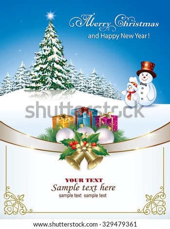 Christmas card with Christmas tree with snowmen and gifts