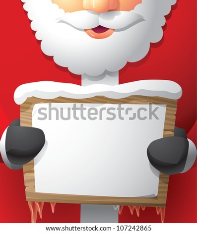 Realistic cartoon illustration of Santa Claus holding a wooden sign with a blank piece of paper pasted on it, leaving room for your own content.