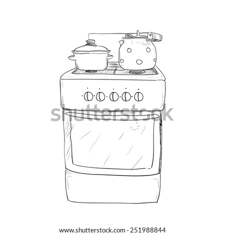 Hand Drawn Sketch Of Kitchen Stove With Kettle And Pan Hand Drawn Sketch Of Kitchen Stove With Kettle And Pan