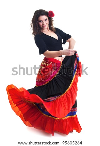 stock photo flamenco dancer in beautiful red dress with rose in the hair photo in movement 95605264
