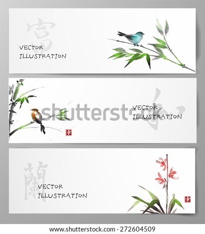 Banners with bamboo, orchid and bird in sumi-e style. Traditional Japanese painting. Hand-drawn with ink. Sealed with hieroglyphs "wealth', "happiness" (red stamp), "harmony" and "orchid"