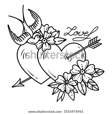 Tattoo Heart With Arrow Two Hearts Pierced By Flowers And Bird Love Tattoo Heart With Arrow Two Hearts Pierced By Flowers And Bird Love