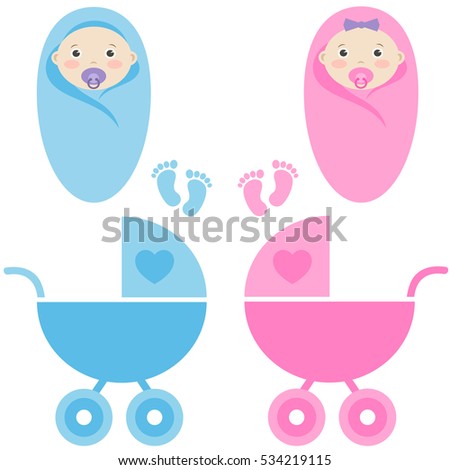 baby girl, baby boy and baby carriage