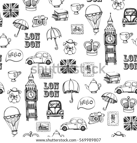 Black and white hand drawn retro british pattern Black and white hand drawn retro british pattern