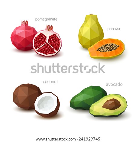 Set of polygonal fruit - pomegranate, papaya, coconut, avocado. Vector illustration