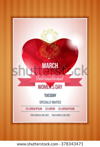 Happy Women's Day Party Flyer. Heart on a light background with a ribbon. Love symbol. International Happy Women's Day concept with heart and text 8th March. Postcard to March 8. Polygonal heart.
