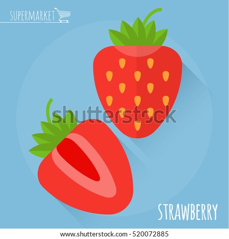 Strawberry. Long shadow flat design vector icon.