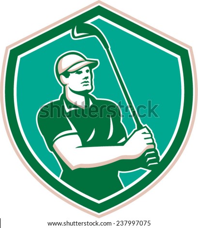 Illustration of a golfer playing golf swinging club tee off set inside ...