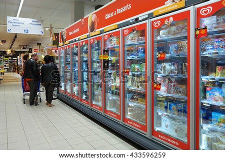 MALMEDY, BELGIUM - MAY 4, 2016: Freezer department with Ice cream of Unilever Heartbrand in a Carrefour Hypermarket. Unilever is the world's biggest ice cream manufacturer.