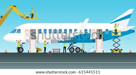 Aviation engineer workers are maintaining various aircraft systems.