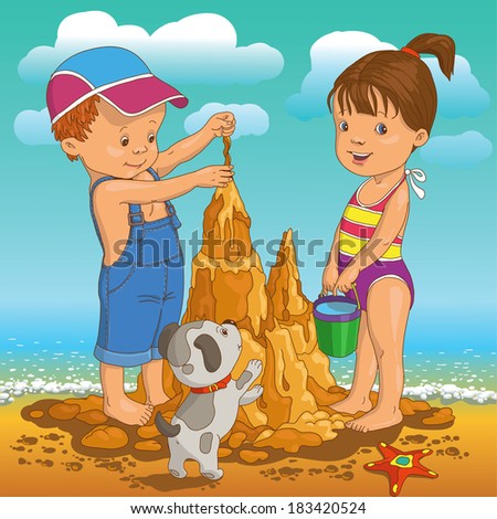 a sandcastle en español Vector Stock Sand On Build Castle Children Beach (Royalty